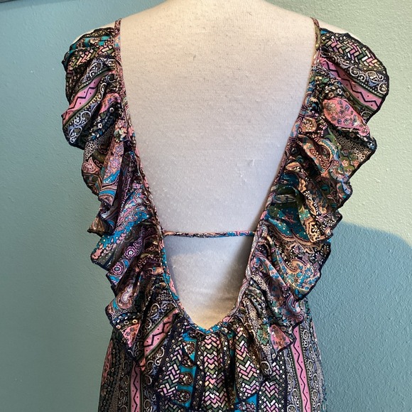 Karma Highway Ruffled Open Back Tiered Skirt Paisley Fairy Dress One Size - Picture 4 of 10